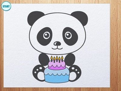 How to draw Panda with birthday cake