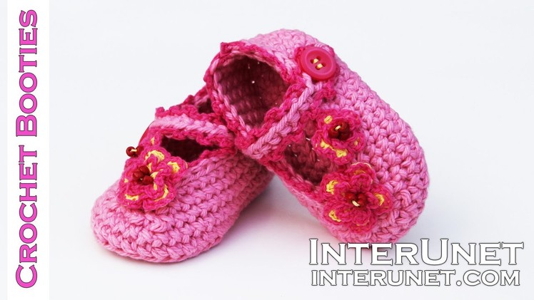 How to crochet booties for a baby girl - pink shoes with buttons and flowers