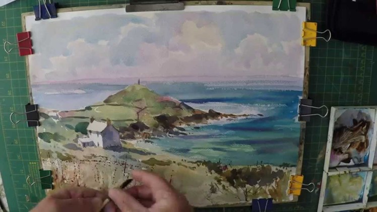 Learn to paint Blue Sea, beach, Clouds and Cottages Cape Cornwall Watercolour Demonstration