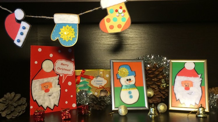 Xmas Ornaments from Cotton Pads & Paper. Santa Christmas Card