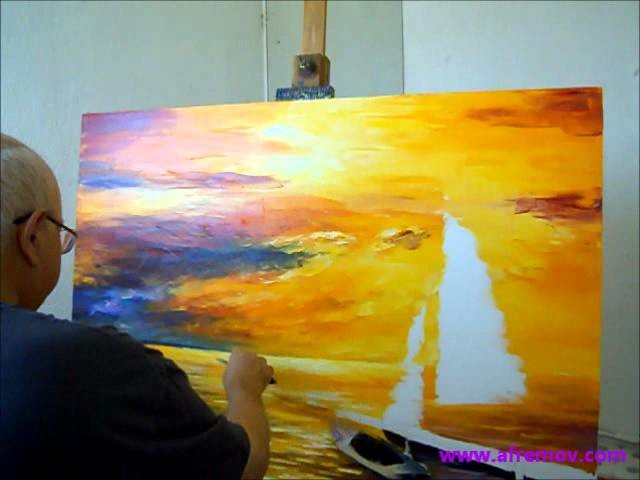 Artist Leonid Afremov painting a new painting of seascape with oil and palette knife
