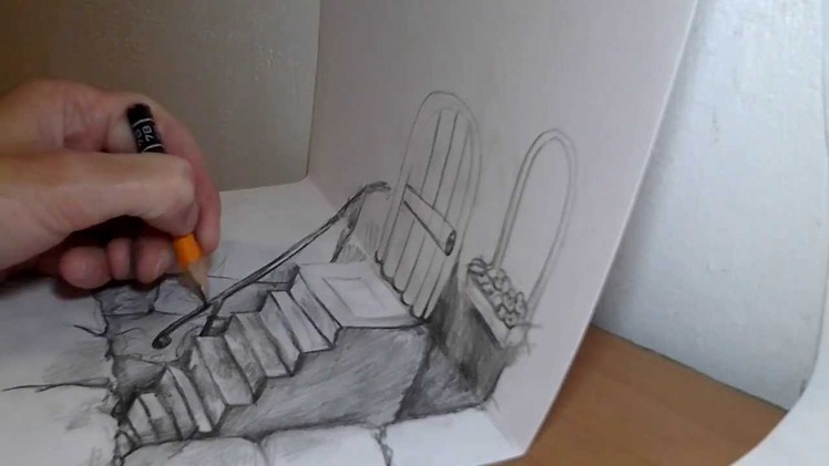 How to draw 3D stairway illusion on two pages