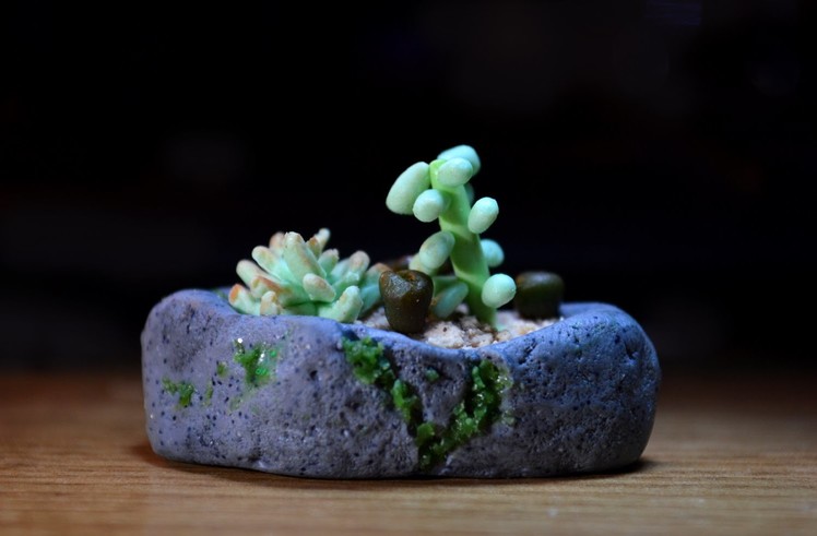 Succulents polymer clay tutorial miniature mossy rock garden