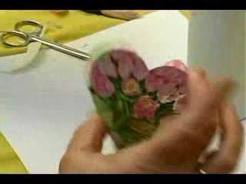 Making Personalized Decoupage Items : Gluing a Napkin to First Heart in Decoupage Hanging Decoration