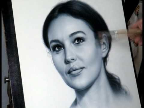 Speed drawing portrait of Monica Bellucci in dry brush art