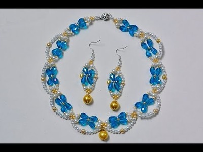 How to Make a Blue and White Beaded Bridal Necklace and Earrings Set