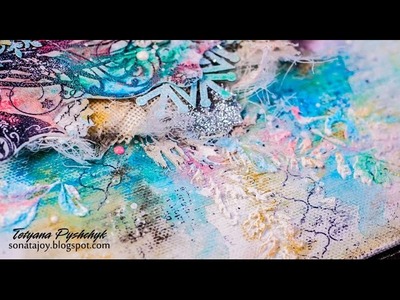 Scraps of Darkness. Winter Mixed Media Canvas. Step-by-step tutorials by Tanya SonataJoy