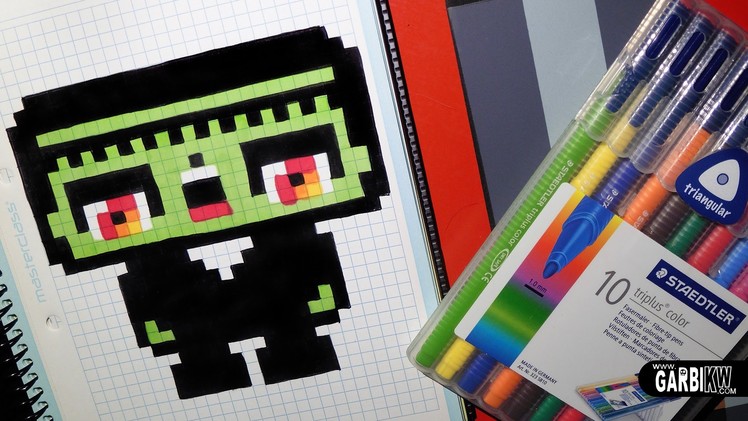 Handmade Pixel Art - How To Draw a Kawaii Frankenstein by Garbi KW #Halloween #Pixelart