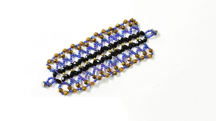 How to Make a Wide Golden, Blue and Black Bead Stitch Bracelet