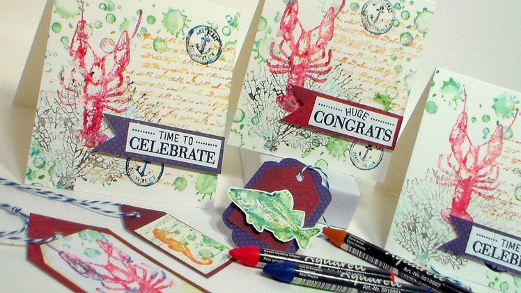 Nautical Watercolor Stamped Cards! {Tips for using watercolor crayons or pencils to stamp!}