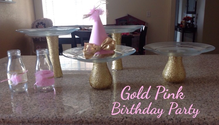Birthday Bash: Pink & Gold DIY punch bar glasses decor. dessert cake table stands (under $10)