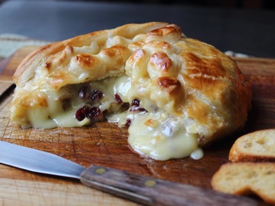 Baked Stuffed Brie - Brie en Croute stuffed with Cranberries & Walnuts