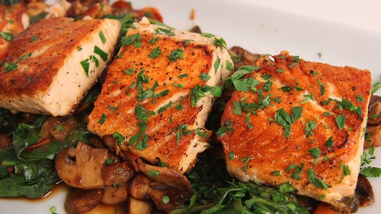 Seared Salmon with Sauteed Spinach and Mushrooms - Laura Vitale - Laura in the Kitchen Ep 323
