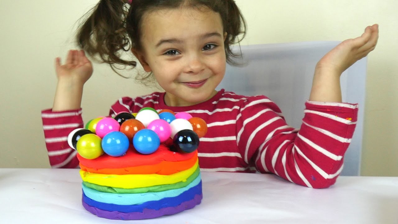 DIY Giant Play Doh Rainbow Cake with toy Balls
