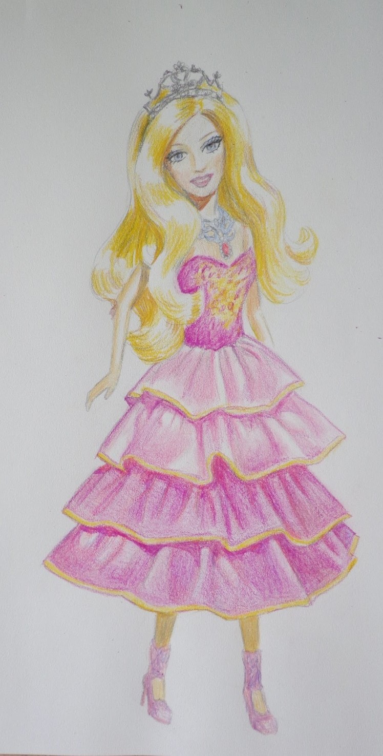 How to draw a Barbie doll in pink dress.