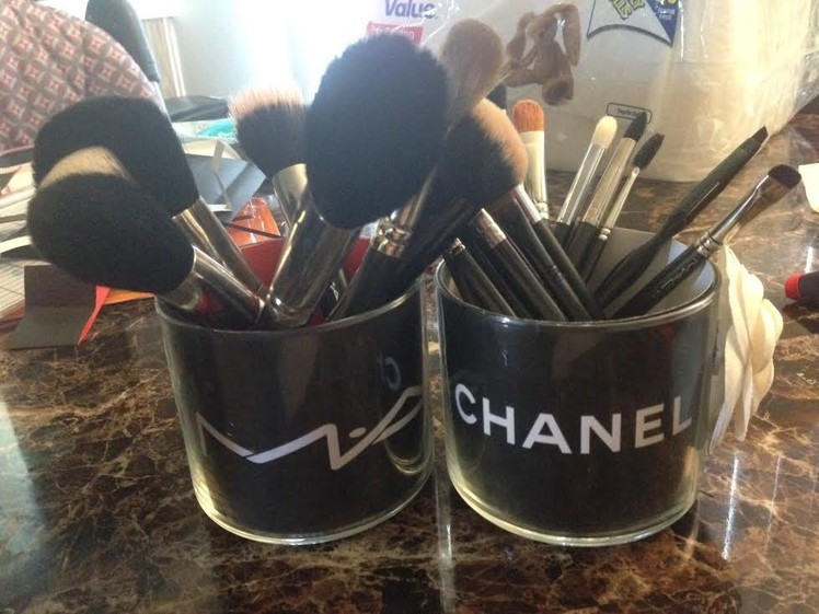 DIY MAKEUP BRUSHES HOLDER using Chanel and MAC paperbags to design empty candle jars