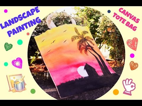How to do freehand Sunset landscape painting on Canvas tote bag!! DIY:Canvas tote bag