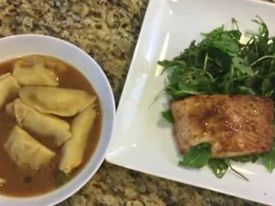 How to Make Miso Broth with Steamed Dumplings, Broiled Salmon and Arugula Salad