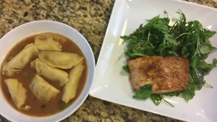How to Make Miso Broth with Steamed Dumplings, Broiled Salmon and Arugula Salad