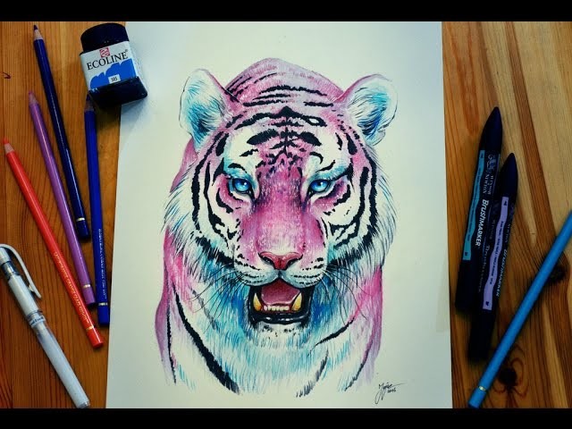 Bubblegum Tiger - Speedpainting - Sped Up Winsor and Newton Marker Art - How to paint a pink tiger