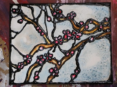 How to Paint WATERCOLOR Stained Glass CHERRY BLOSSOMS with PUFFY PAINT TEXTURE
