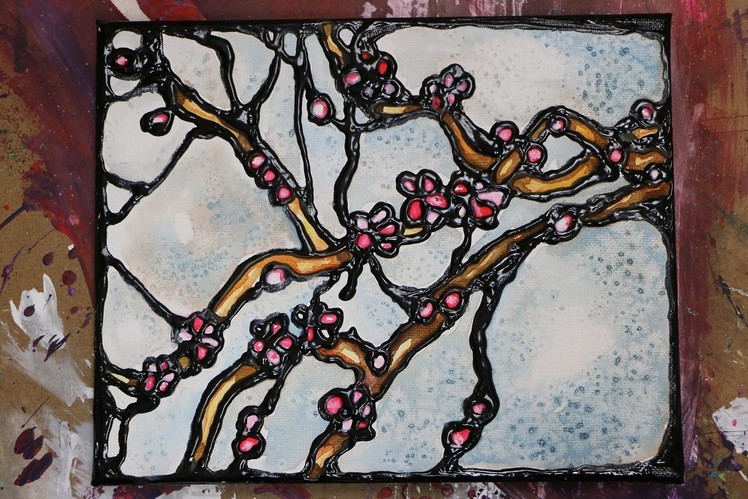 How to Paint WATERCOLOR Stained Glass CHERRY BLOSSOMS with PUFFY PAINT TEXTURE