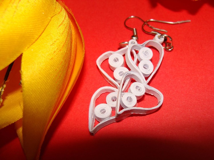 Quilling earrings:How to make white colour love shaped paper earrings