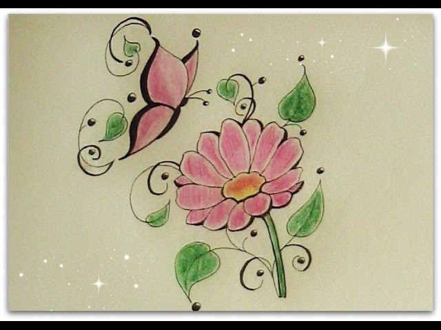 How to draw flower with butterfly - daisy flower for beginners - tattoo flower