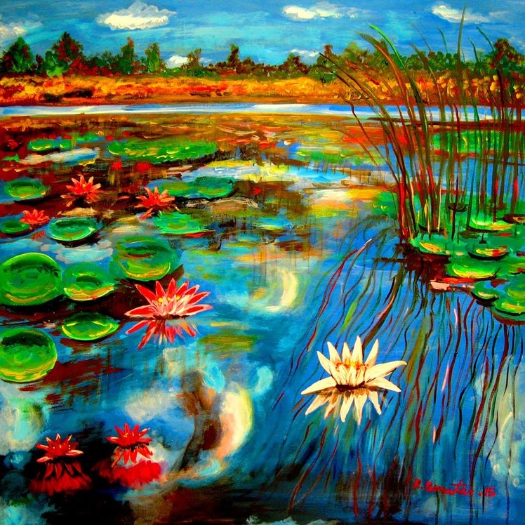 How to paint Water Lilies Lake Contemporary New Impressionist Acrylic By Rami Benatar