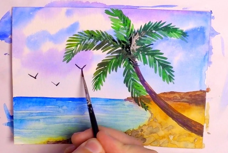 How to Paint a Tropical Beach in Watercolor - Speed Painting Tutorial - Seascape With Palm Tree