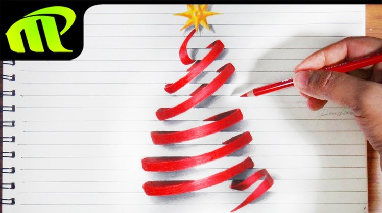 Drawing 3D Paper Illusion Christmas Tree  - Happy Christmas