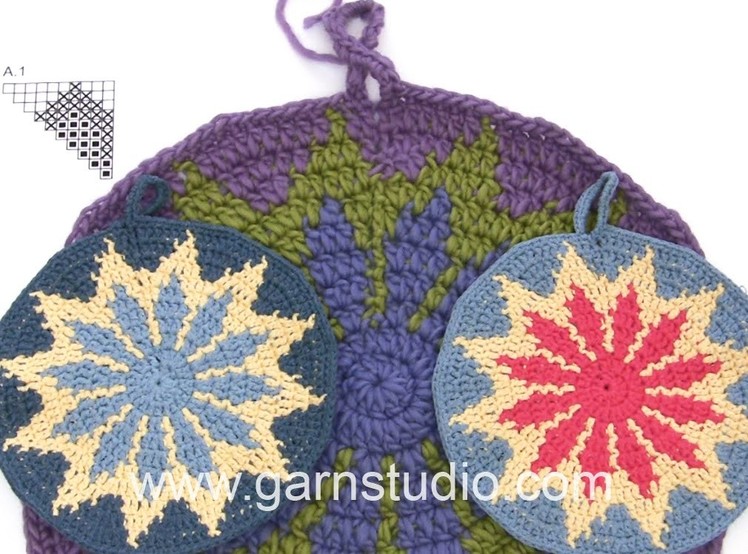 DROPS Crocheting Tutorial: How to work a pot holder with multi-coloured pattern