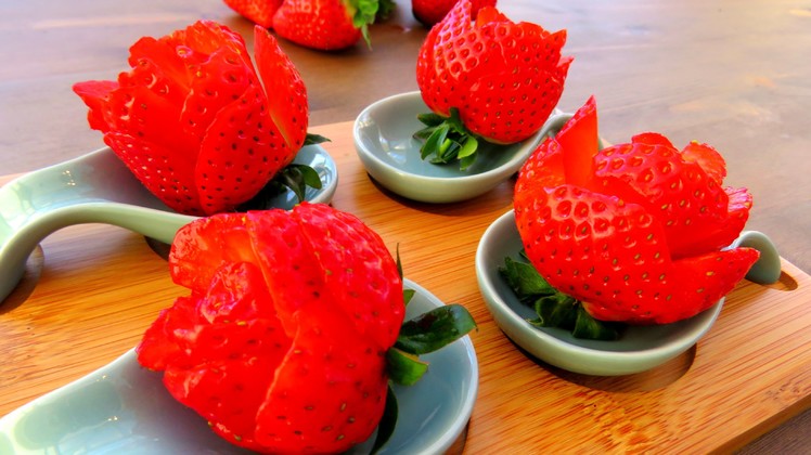 How to Make Strawberry Flowers | Strawberry Art Red Rose | Fruit Carving Strawberries Garnishes