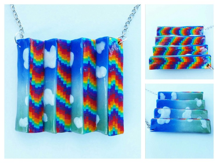 Double sided necklace rainbow bargello and clouds - polymer clay tutorial