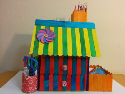 Art and Craft Diy: How to make Ice cream. Popsicle stick house desk organizer