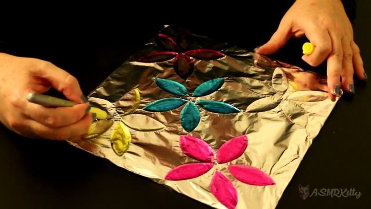 ASMR Craft | Foil Flower Art (coloring, sharpies, foil crinkling) | Silent No Talking