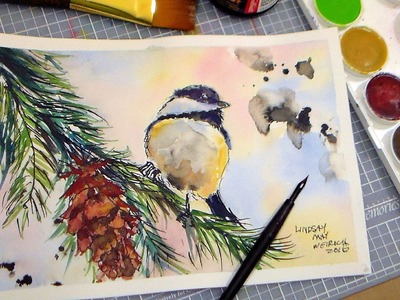 How to Paint a Chickadee in Pen & Ink and Watercolor FULL TUTORIAL. Grumbacher Watercolor Review