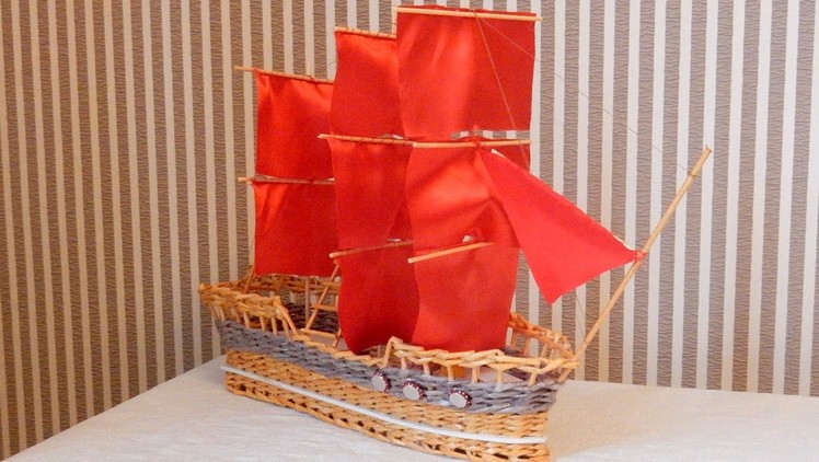 Weaving newspapers sailing ship from paper tubes DIY tutorial Barco de vela hecho de papel