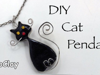 DIY  black cat pendant with flat wire and polymer clay