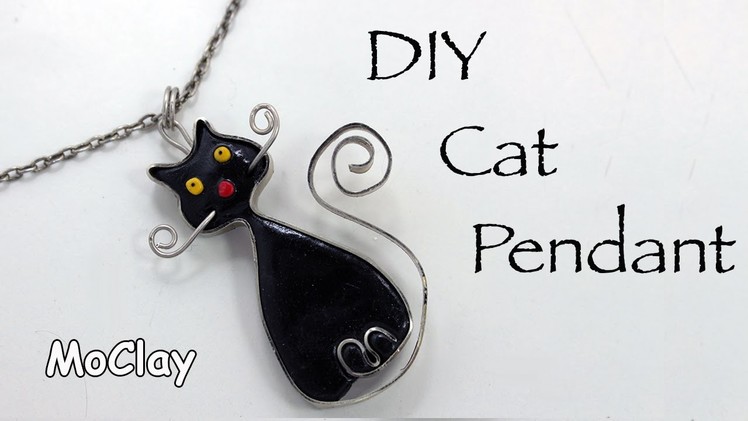 DIY  black cat pendant with flat wire and polymer clay