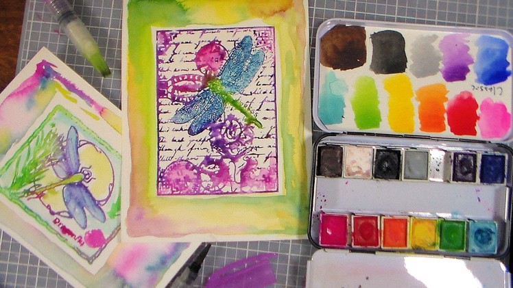 Using Watercolor Paints as INK!.WATERCOLOR POSTCARDS.Stamp School!