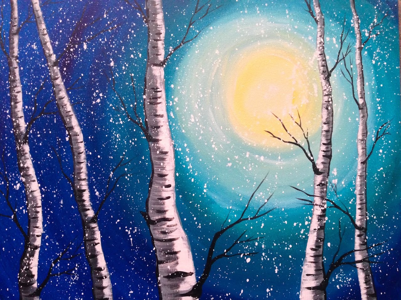 Beginner Acrylic Painting Class, Winter Birch Trees, lovewinterart