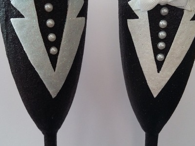 DIY wedding decorations :  Glitterd wine glasses  - Groom Tuxedo Wine Glass