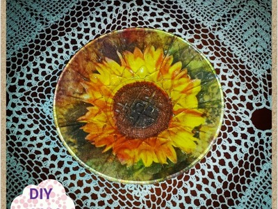 Reverse decoupage on a glass plate sunflower DIY ideas decorations tutorial. URADI SAM