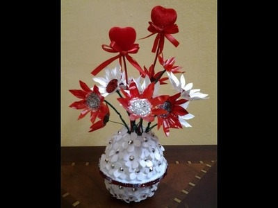 Best Out Of Waste Plaste White & Red Flowers Showpiece