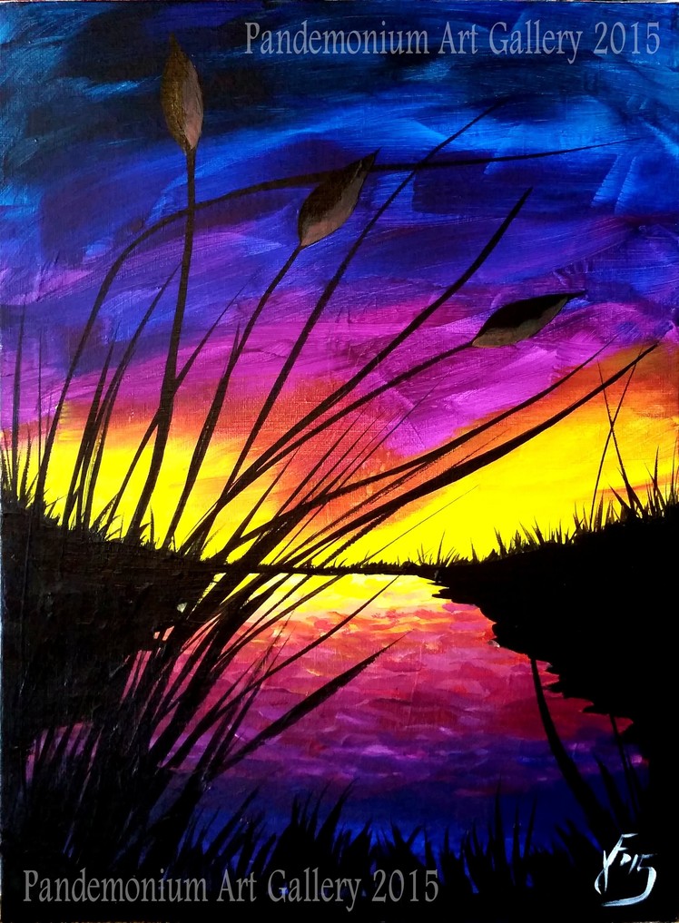 Sunset and Cattails Step by Step Painting on Canvas for Beginners