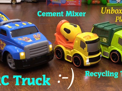 Toy Unboxing: Bruin RC Pick-Up Truck, Cement Mixer and Garbage Toy Trucks for Toddlers and Kids