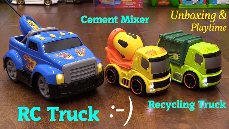 Toy Unboxing: Bruin RC Pick-Up Truck, Cement Mixer and Garbage Toy Trucks for Toddlers and Kids