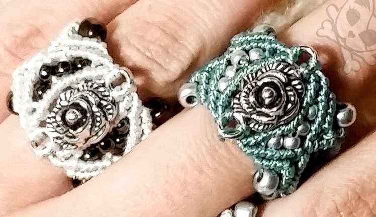 Cosy rose micro macrame ring with beads and weaving