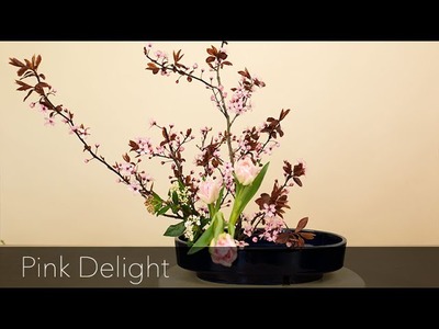 Pink Delight with prunus | Online Ikebana arrangement tutorial
